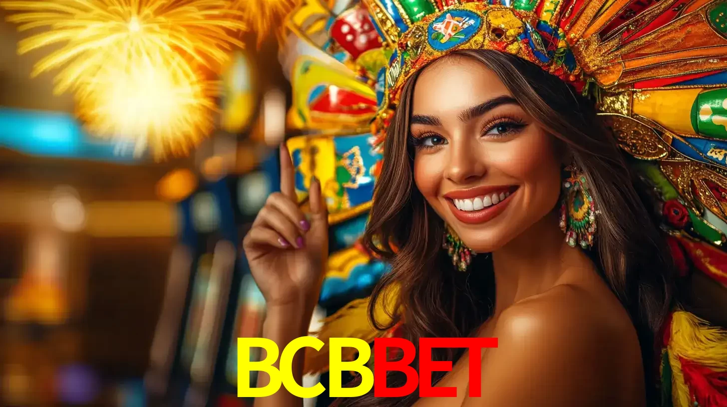 Mulher sorridente com um cocar de carnaval vibrante e colorido, celebrando uma grande vitória nos jogos do cassino BCBBET com fogos de artifício ao fundo.