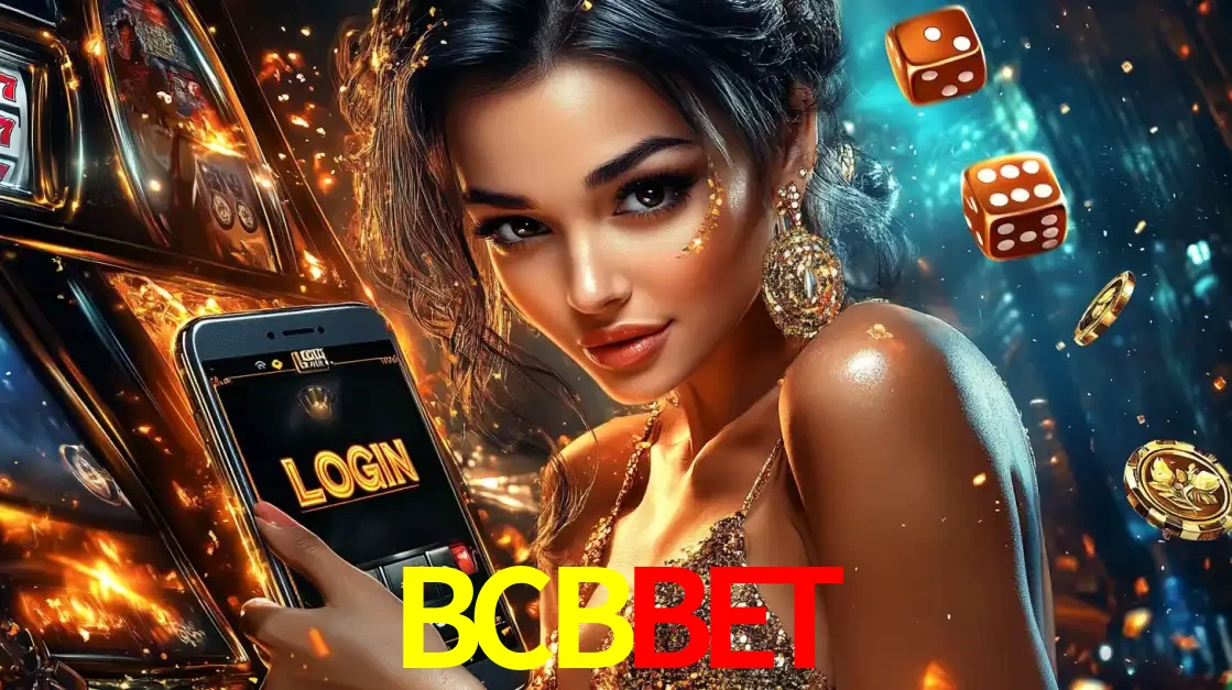 Mulher glamourosa segurando um celular com a tela de login do cassino BCBBET, rodeada por dados e moedas douradas, pronta para começar a diversão.