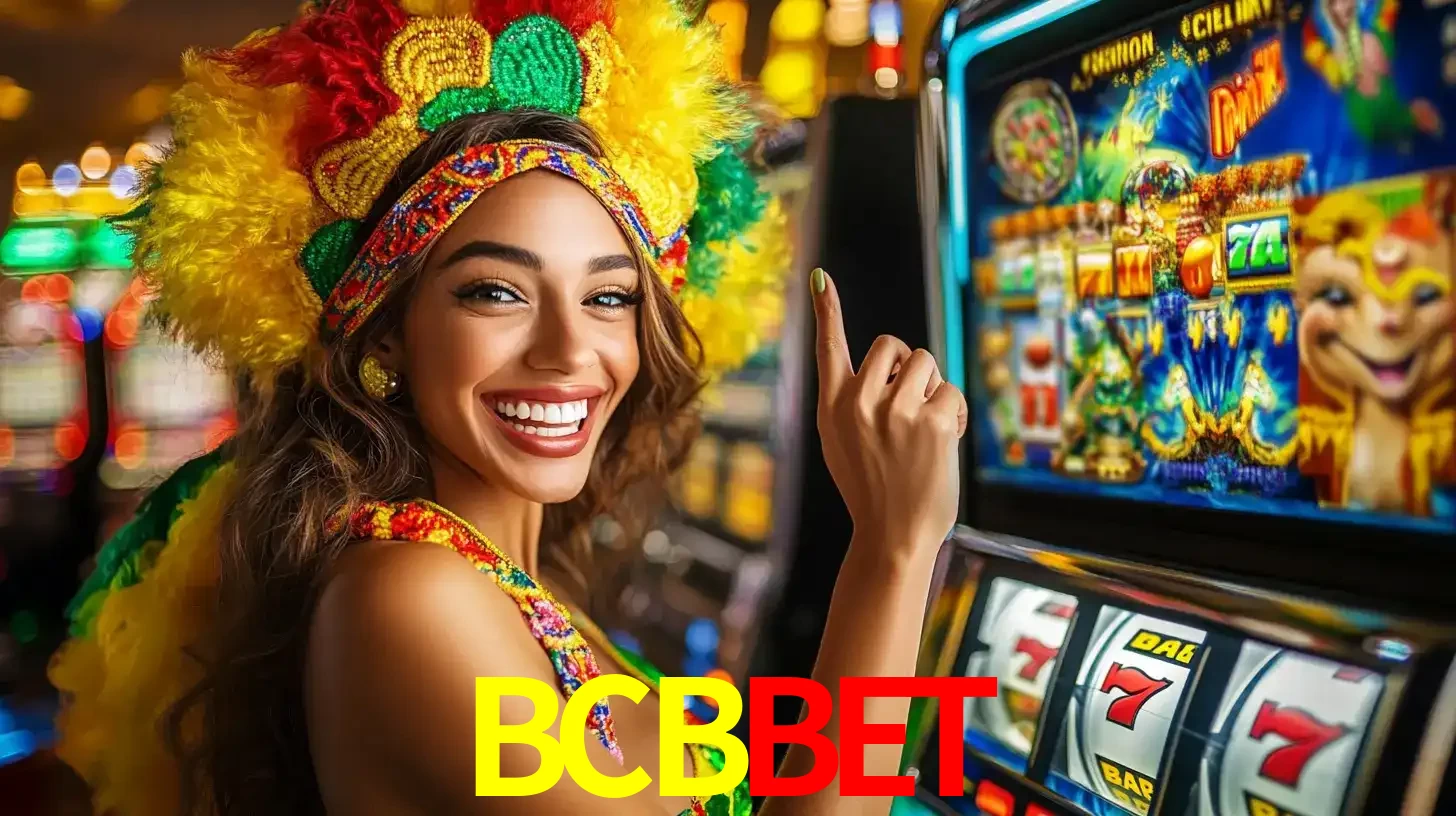 Mulher animada com um cocar de carnaval apontando para uma máquina de caça-níqueis, mostrando a emoção de ganhar um grande prêmio nos jogos do BCBBET.