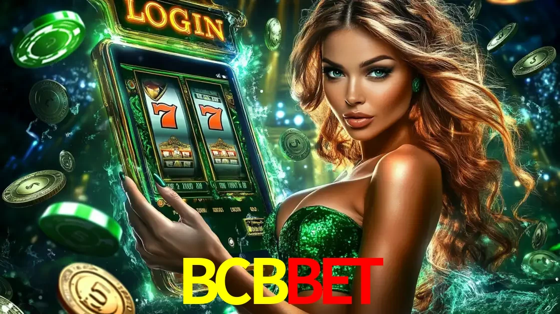 Mulher com tema verde apresentando o aplicativo do cassino BCBBET com um jogo de slot de 777, cercada por fichas de cassino e uma aura de sorte.