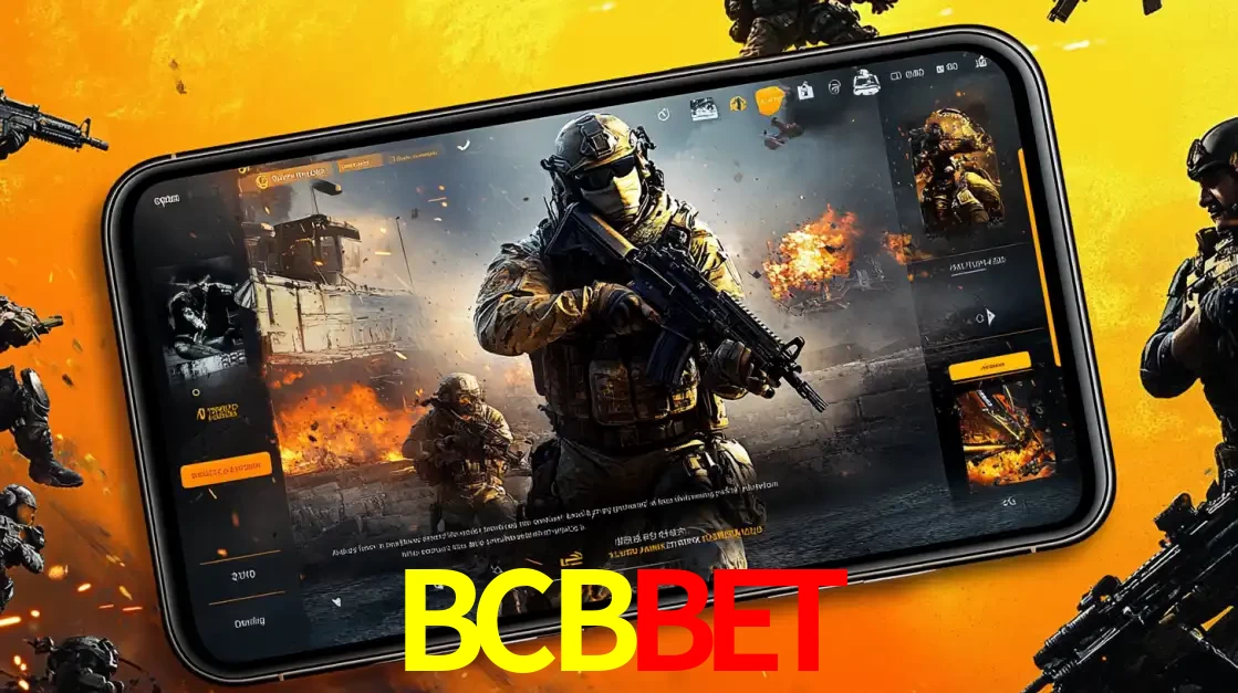 Um smartphone exibindo a interface de um jogo de tiro em primeira pessoa, com um soldado em um cenário de batalha, representando a ação dos e-sports para apostar no BCBBET.