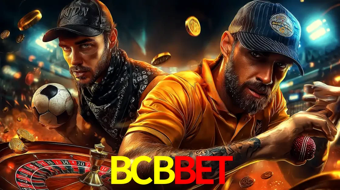 Montagem de apostas esportivas e cassino no BCBBET, com um homem segurando uma bola de futebol e outro uma de beisebol sobre uma roleta e moedas voadoras.