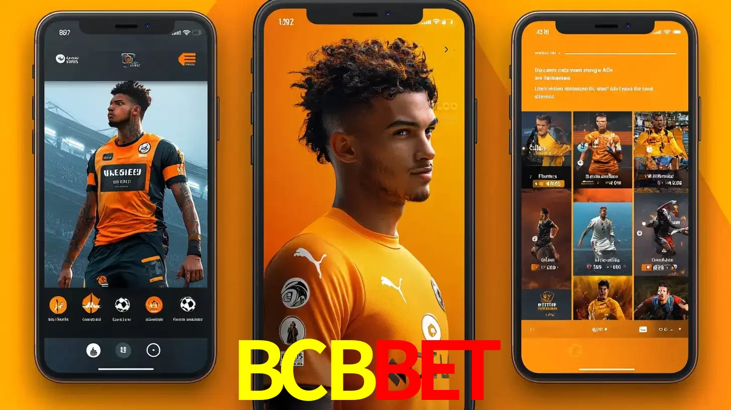 Interface do aplicativo de apostas esportivas BCBBET em três telas de celular, mostrando o perfil de um jogador de futebol e a lista de jogos disponíveis para apostar.