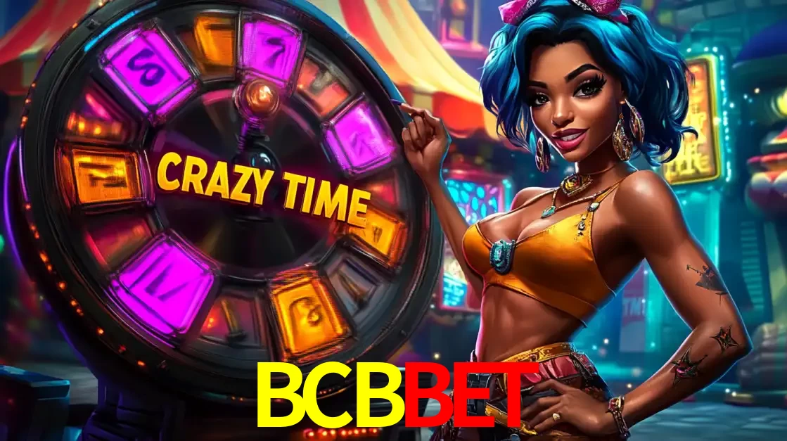 Mulher estilizada com cabelo azul e visual vibrante posando ao lado da roda de prêmios do game show Crazy Time, convidando para a diversão e os bônus do cassino BCBBET.