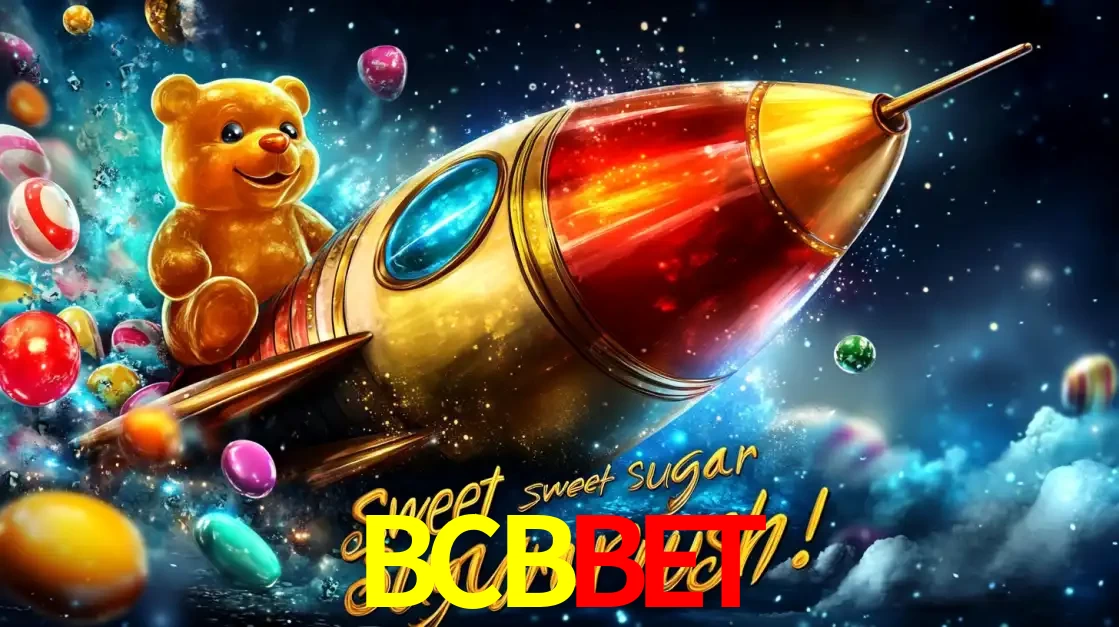 Arte promocional do jogo de slot Sugar Rush, com um urso de pelúcia em um foguete viajando pelo espaço de doces, um dos jogos divertidos disponíveis no cassino BCBBET.