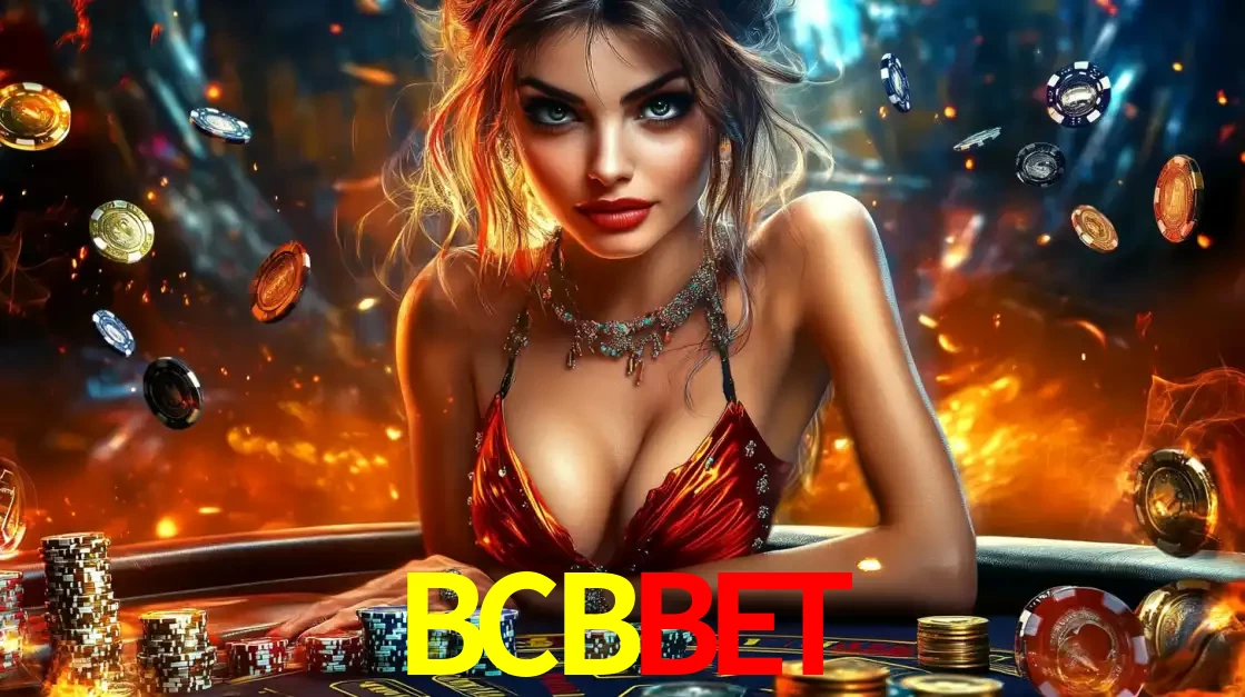 Mulher em uma mesa de cassino com pilhas de fichas e um fundo de fogo, pronta para uma rodada de altas apostas nos jogos de mesa emocionantes do cassino BCBBET.