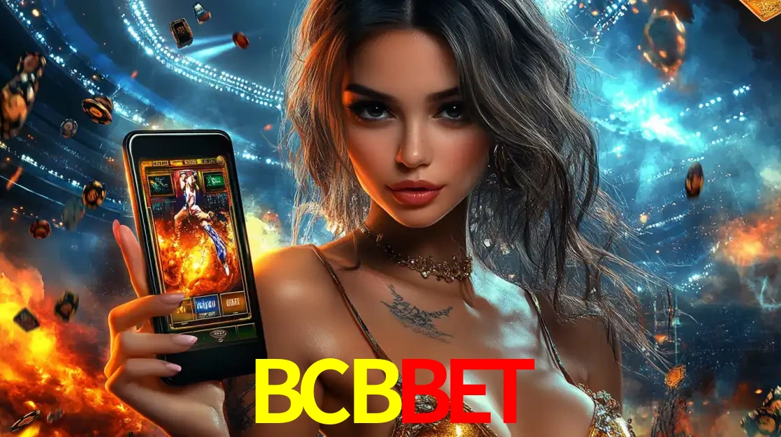 Mulher segurando um celular com um jogo de slot em destaque, tendo como fundo um estádio vibrante, simbolizando a emoção de jogar no cassino móvel BCBBET.