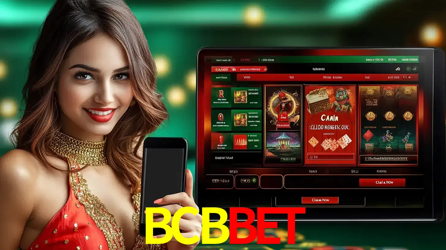 Mulher sorridente segurando um smartphone, ao lado de uma tela exibindo o lobby de jogos do cassino online BCBBET, com várias opções de jogos de cartas e slots.